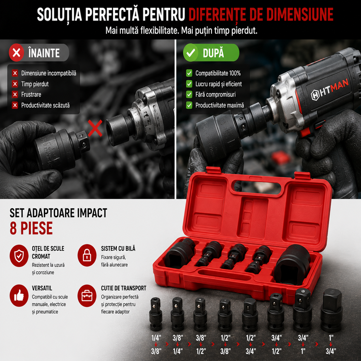 Set Adaptoare Impact Hitman 8 Piese Conversie 1/4"-1" Profesional