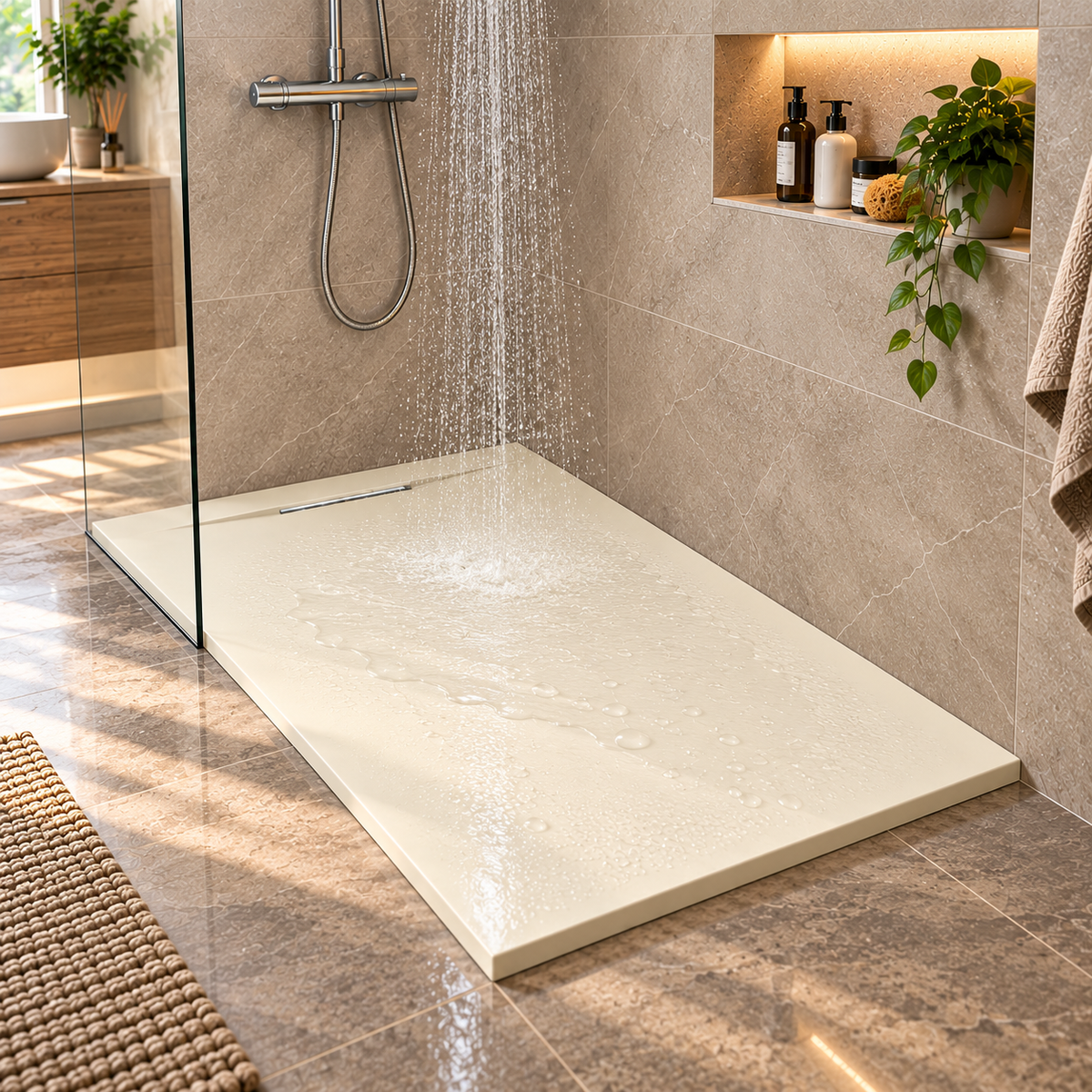 Cadita Dus Crem Antiderapanta din Compozit Mineral cu Sifon Inclus