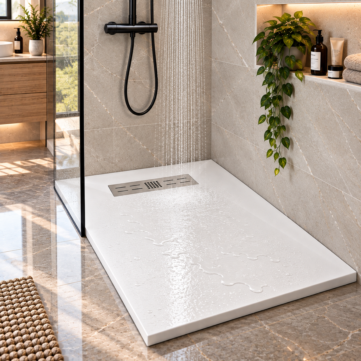 Cadita Dus Alba Antiderapanta din Compozit Mineral cu Sifon si Grila Inox Incluse