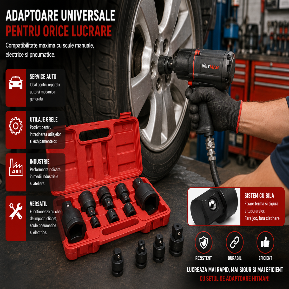 Set Adaptoare Impact Hitman 8 Piese Conversie 1/4"-1" Profesional