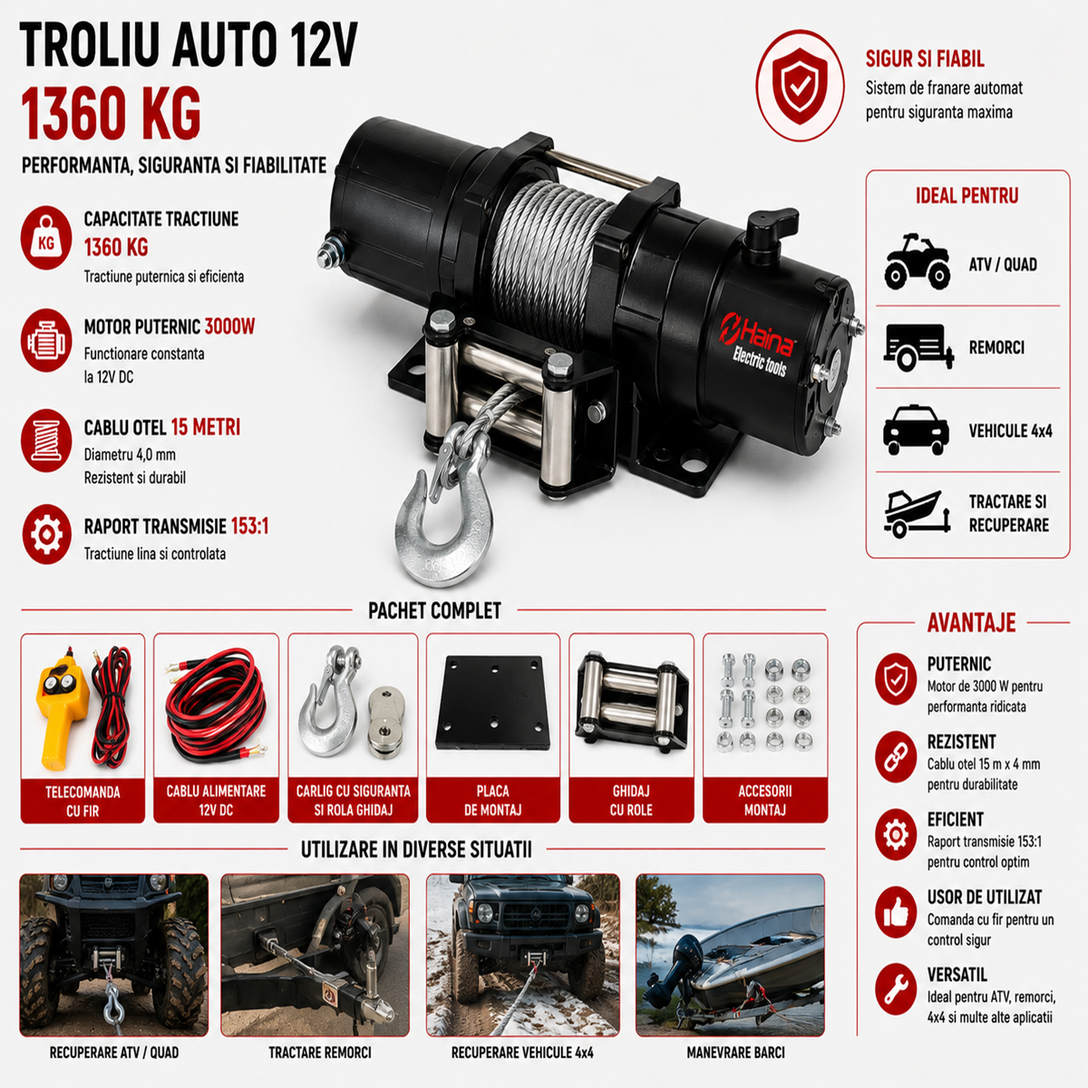 Troliu Auto Electric Haina 12V 1360kg 3000W cu Cablu 15m