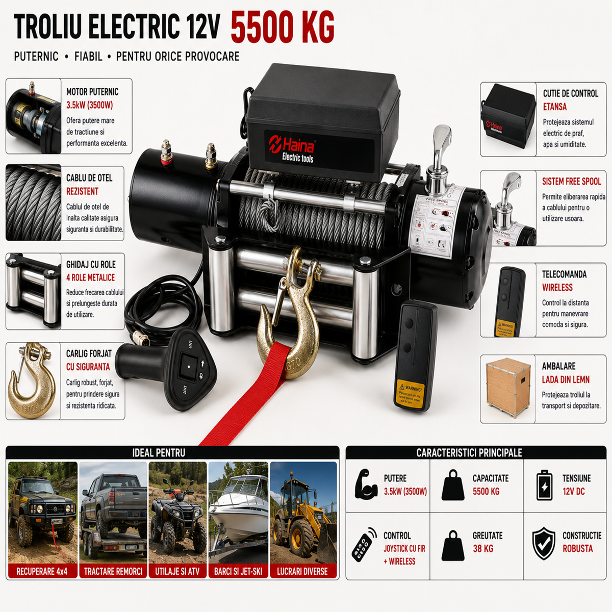 Troliu Electric Haina 12V 5500kg 3500W Wireless cu Telecomanda
