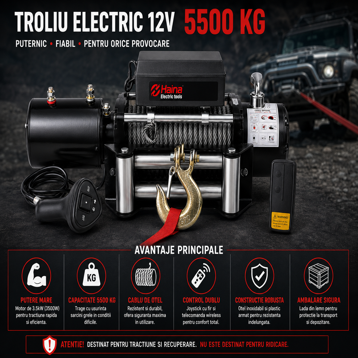 Troliu Electric Haina 12V 5500kg 3500W Wireless cu Telecomanda