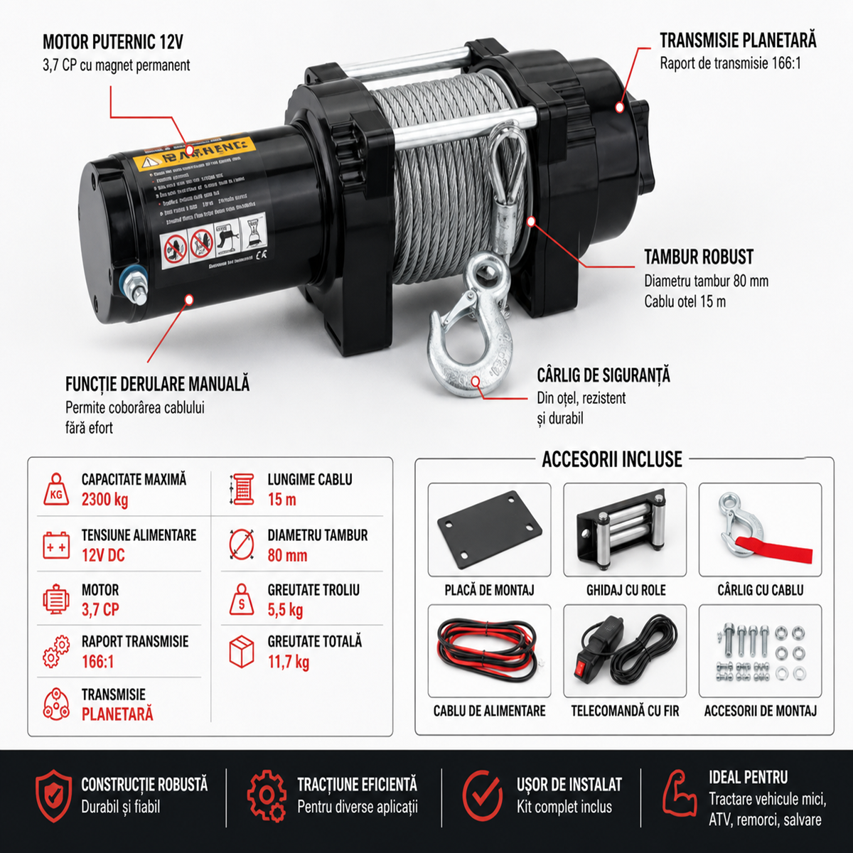 Troliu Electric Haina 12V 2300kg cu Placa Montaj si Ghidaj cu Role