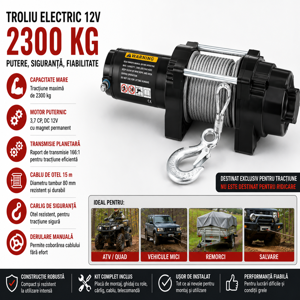 Troliu Electric Haina 12V 2300kg cu Placa Montaj si Ghidaj cu Role