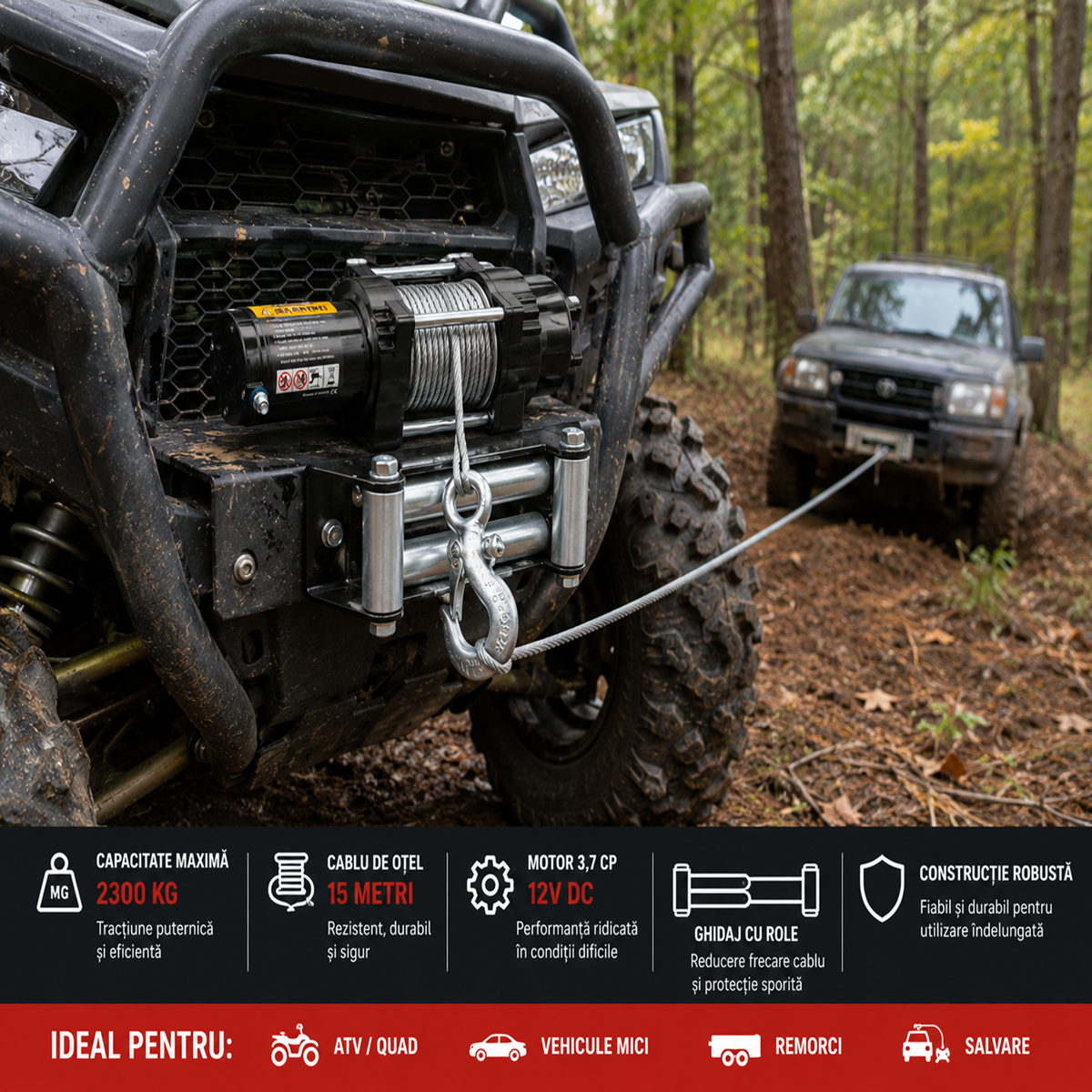 Troliu Electric Haina 12V 2300kg cu Placa Montaj si Ghidaj cu Role