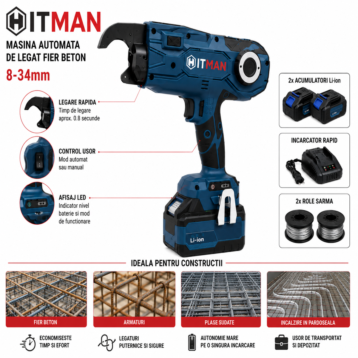 Masina Automata Legat Fier Beton Hitman 8-34 mm cu Acumulator