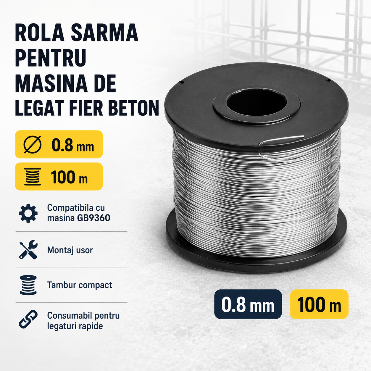 Rola Sarma 0.8mm 100m pentru Masina Legat Fier Beton