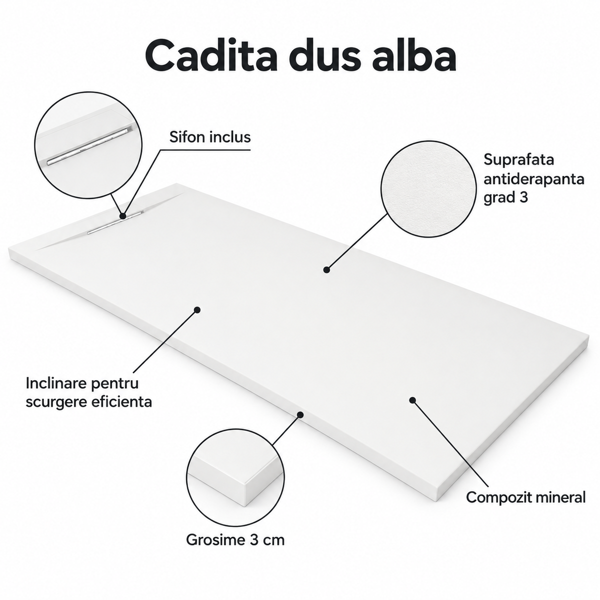 Cadita Dus Alba Antiderapanta din Compozit Mineral cu Sifon Inclus