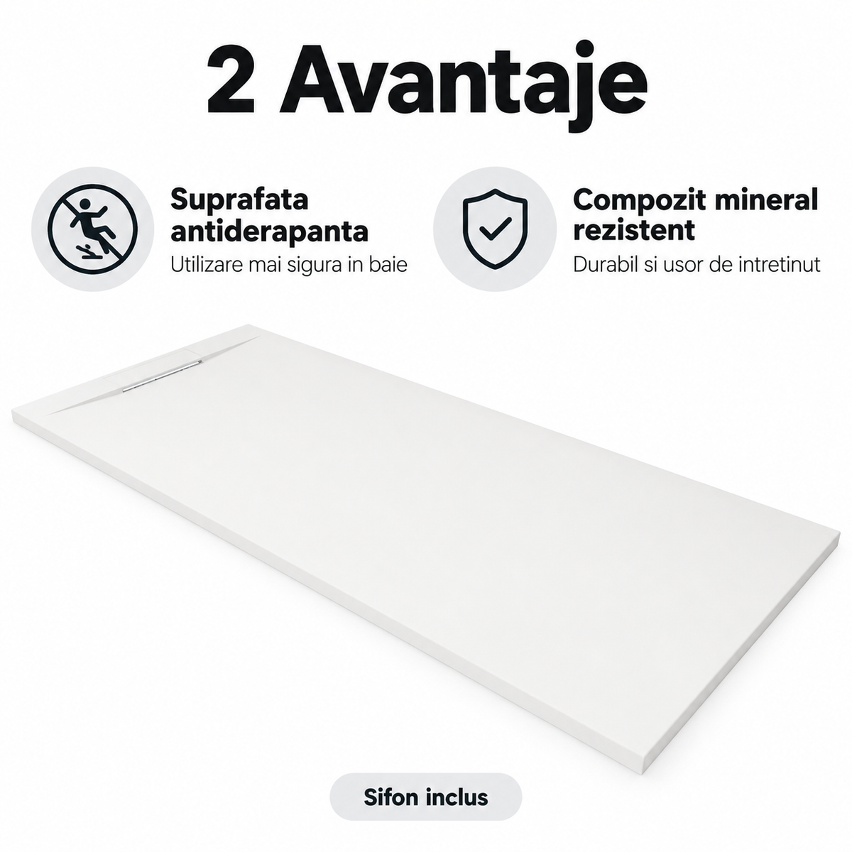 Cadita Dus Alba Antiderapanta din Compozit Mineral cu Sifon Inclus