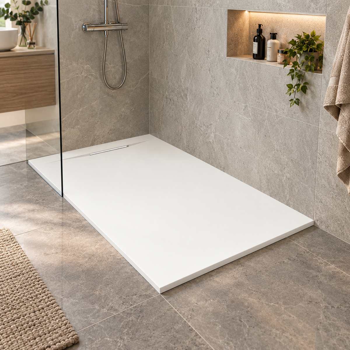 Cadita Dus Alba Antiderapanta din Compozit Mineral cu Sifon Inclus