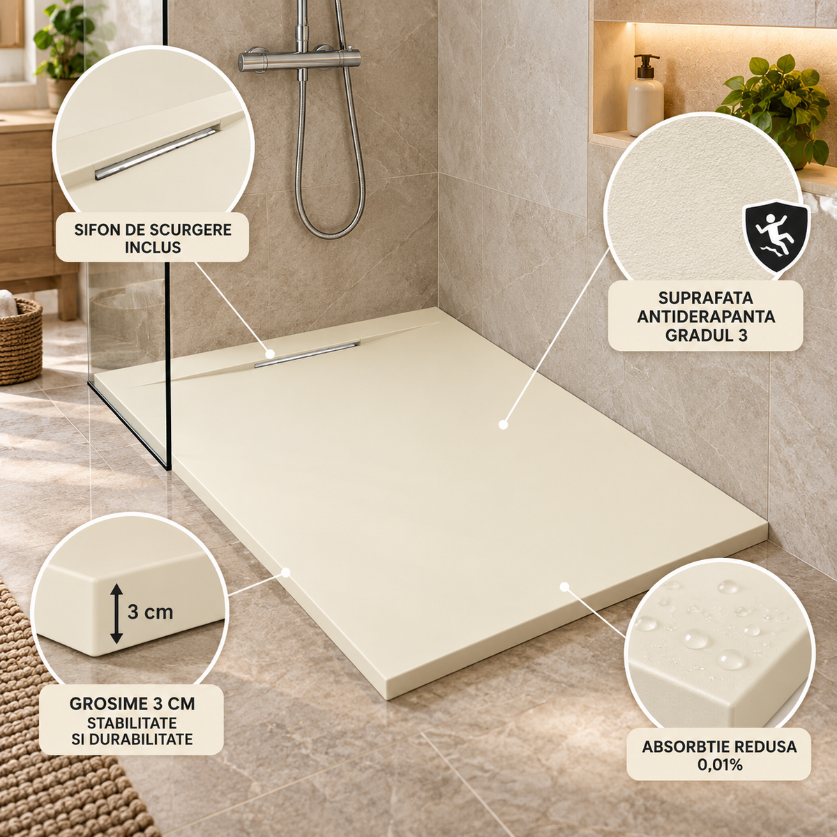 Cadita Dus Crem Antiderapanta din Compozit Mineral cu Sifon Inclus