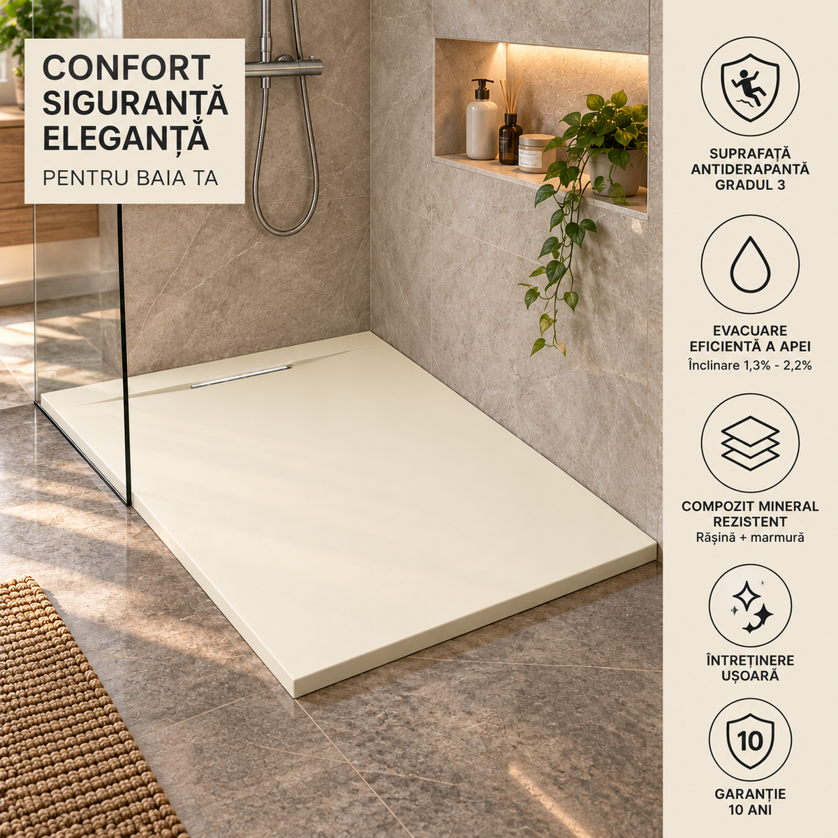 Cadita Dus Crem Antiderapanta din Compozit Mineral cu Sifon Inclus