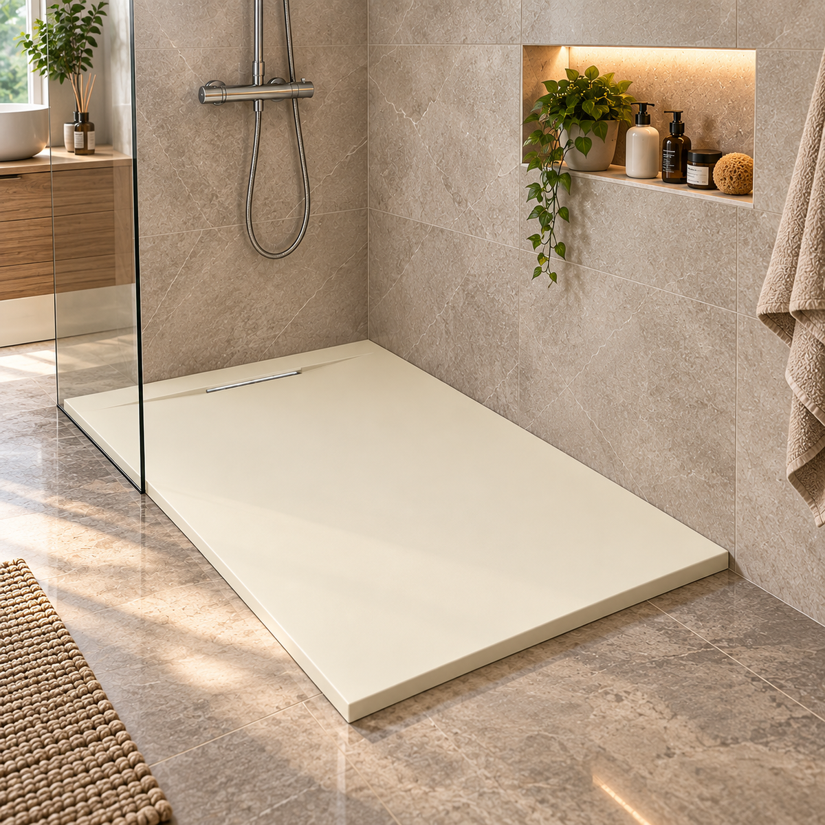 Cadita Dus Crem Antiderapanta din Compozit Mineral cu Sifon Inclus
