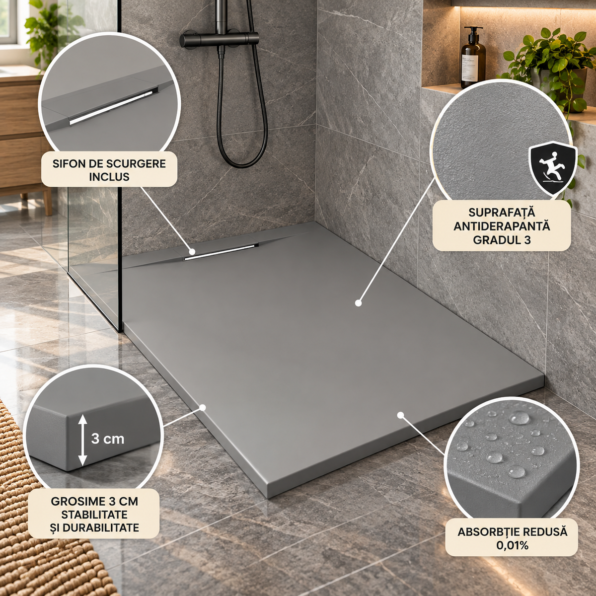 Cadita Dus Gri Antiderapanta din Compozit Mineral cu Sifon Inclus