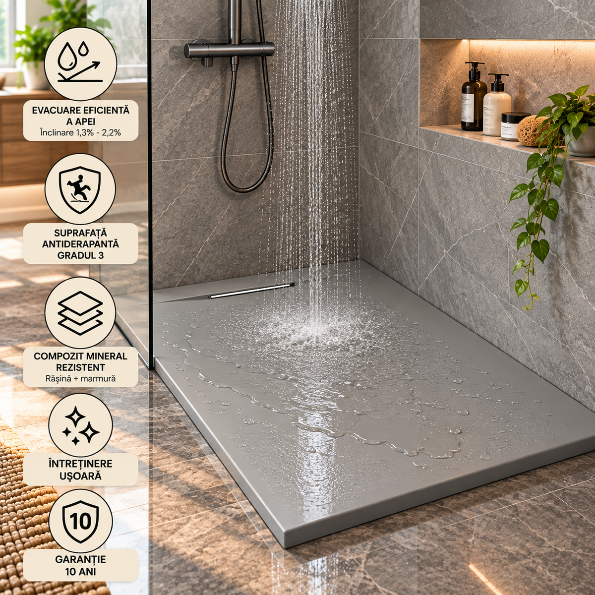 Cadita Dus Gri Antiderapanta din Compozit Mineral cu Sifon Inclus