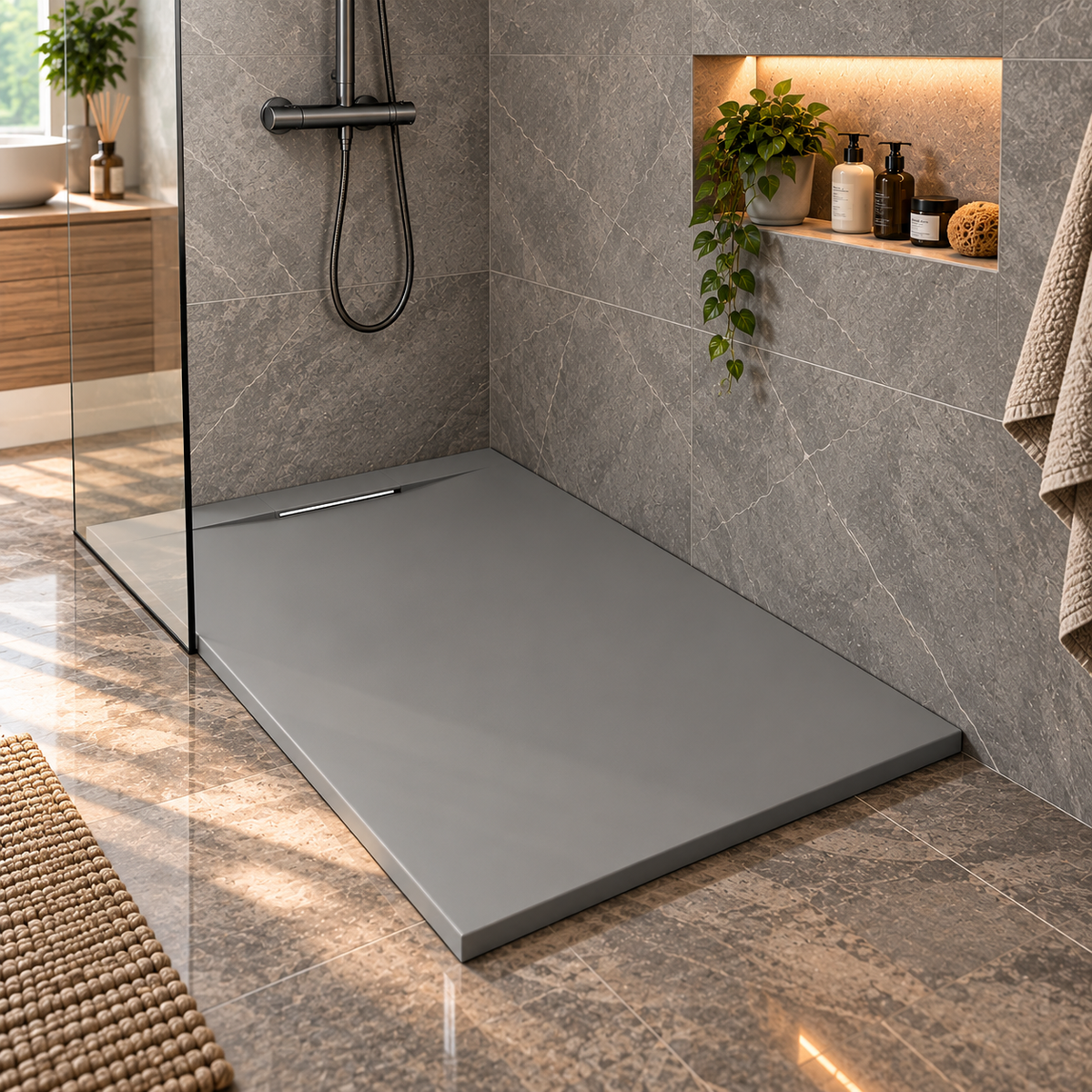 Cadita Dus Gri Antiderapanta din Compozit Mineral cu Sifon Inclus