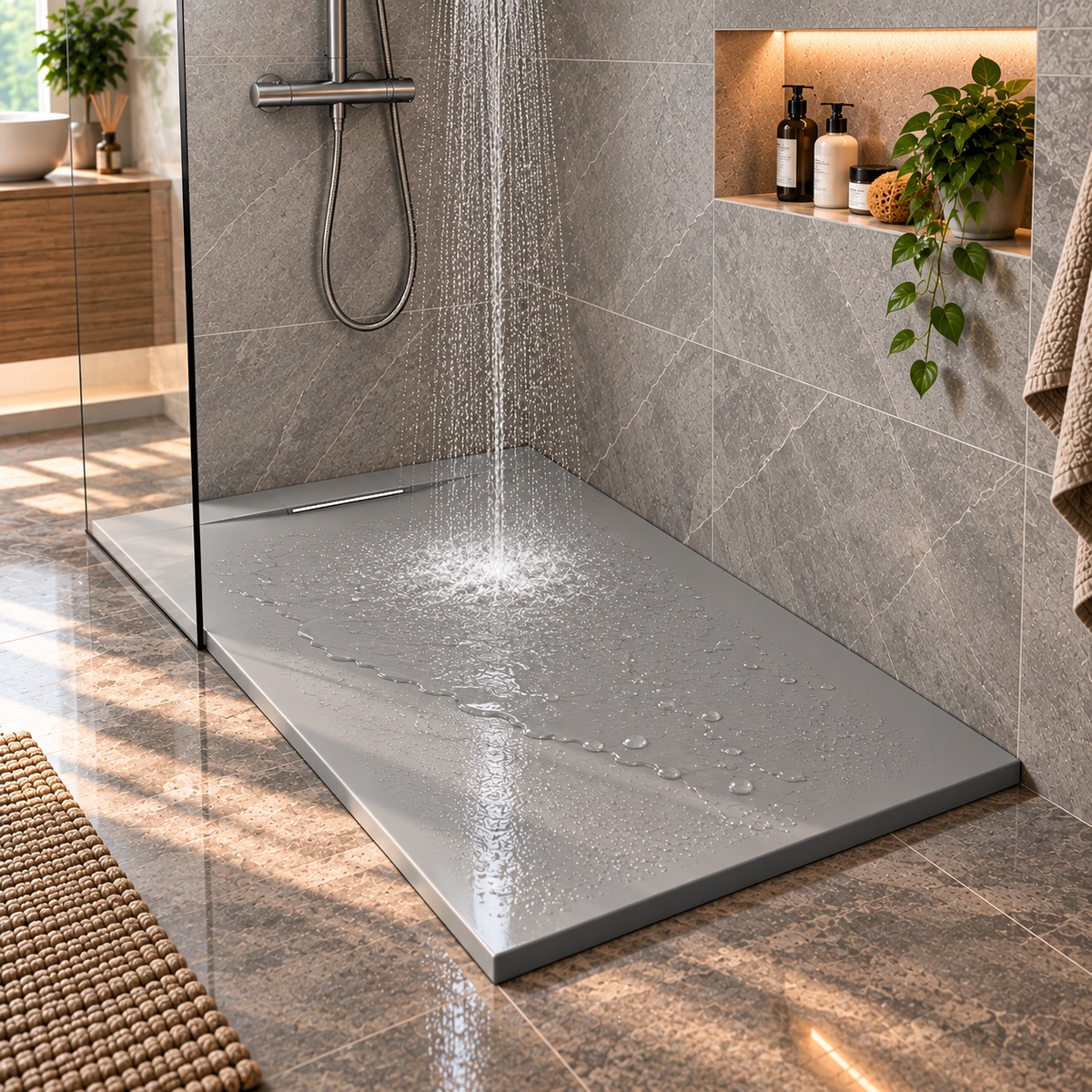 Cadita Dus Gri Antiderapanta din Compozit Mineral cu Sifon Inclus