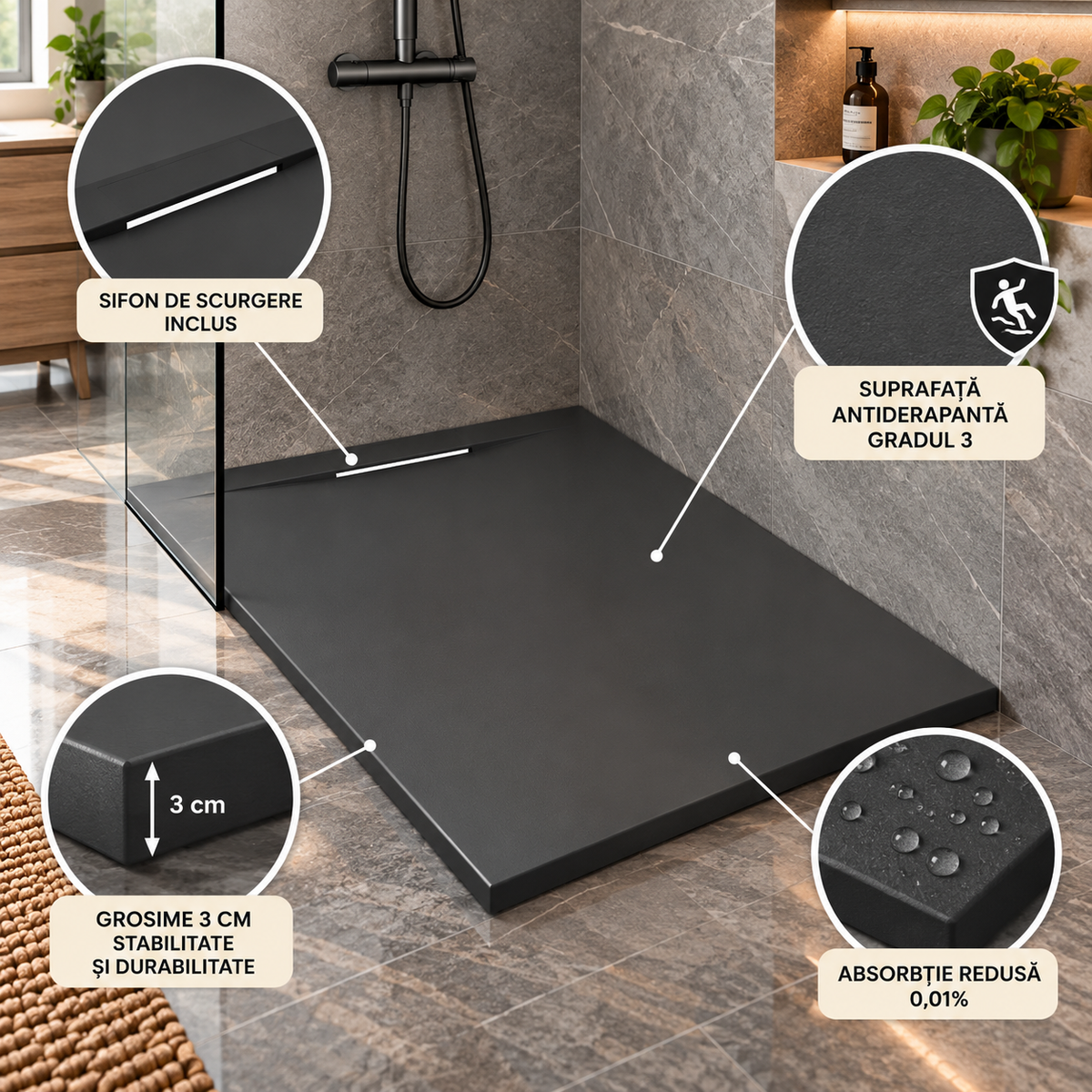 Cadita Dus Antracit Antiderapanta din Compozit Mineral cu Sifon Inclus