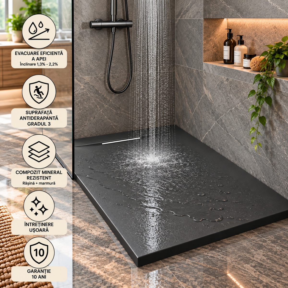 Cadita Dus Antracit Antiderapanta din Compozit Mineral cu Sifon Inclus