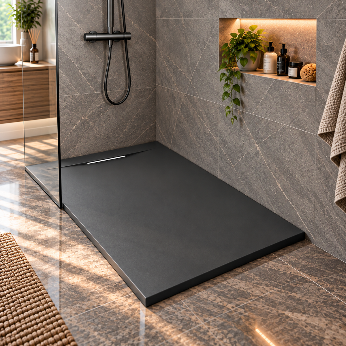 Cadita Dus Antracit Antiderapanta din Compozit Mineral cu Sifon Inclus