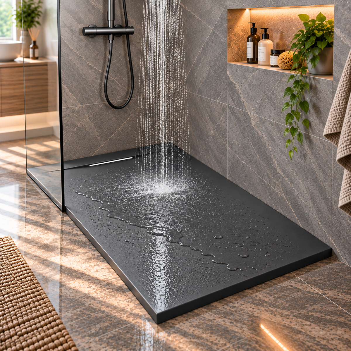 Cadita Dus Antracit Antiderapanta din Compozit Mineral cu Sifon Inclus