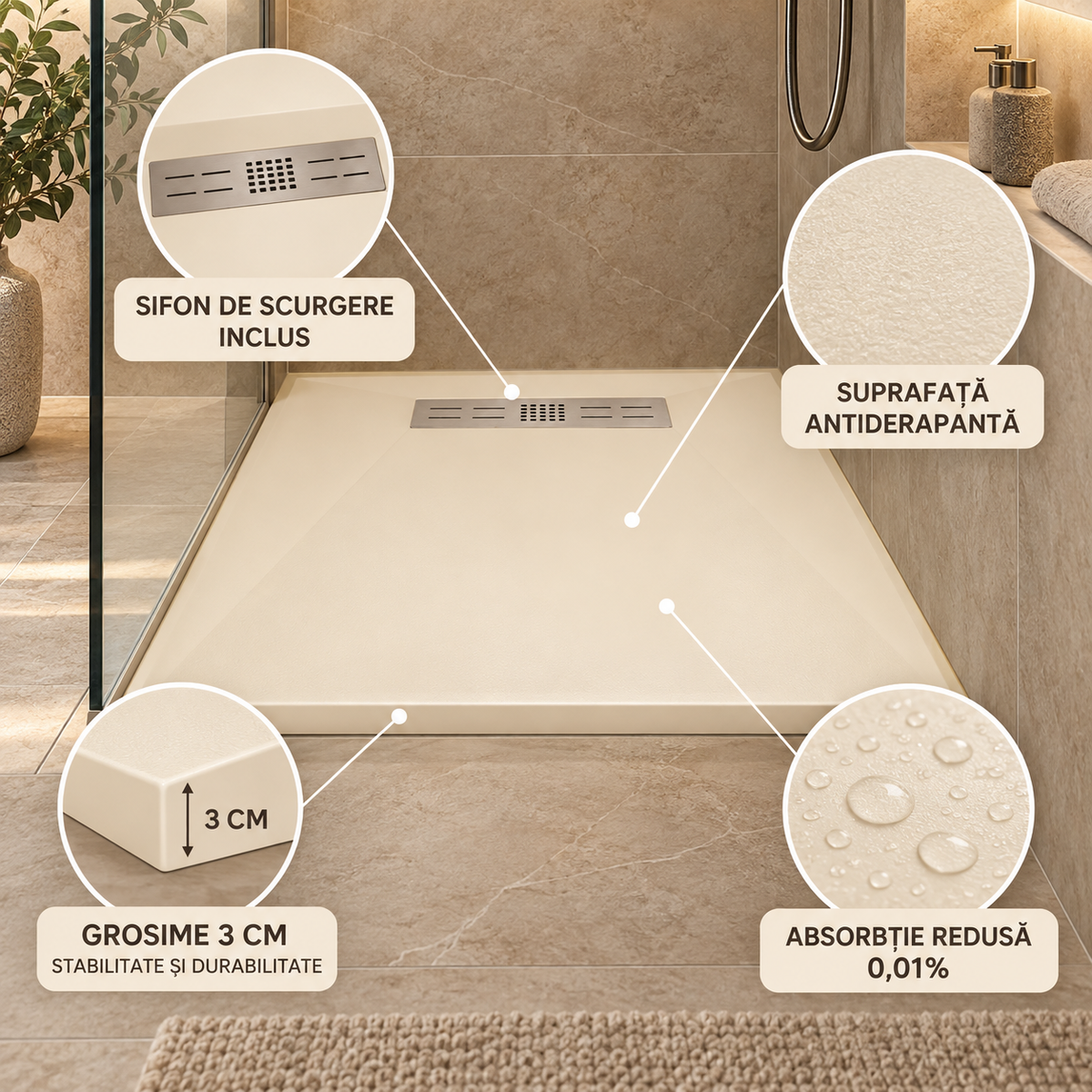 Cadita Dus Crem Antiderapanta din Compozit Mineral cu Sifon Inclus