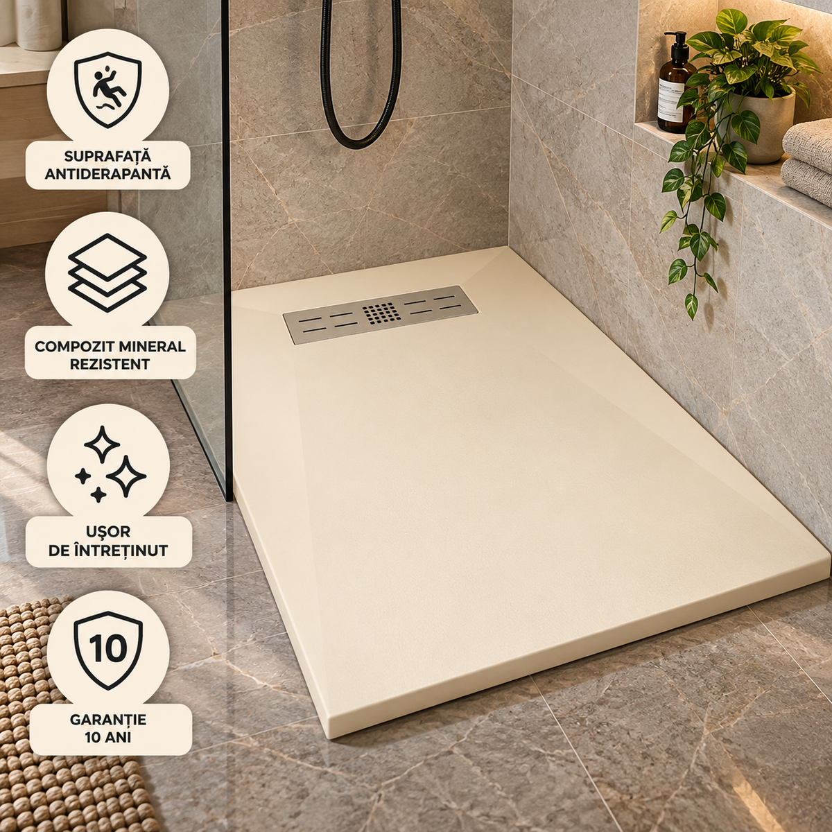 Cadita Dus Crem Antiderapanta din Compozit Mineral cu Sifon Inclus