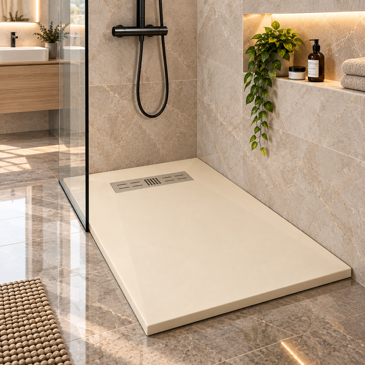 Cadita Dus Crem Antiderapanta din Compozit Mineral cu Sifon Inclus