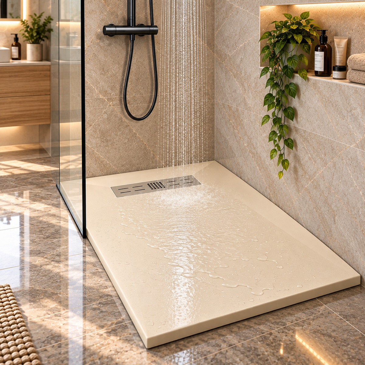 Cadita Dus Crem Antiderapanta din Compozit Mineral cu Sifon Inclus