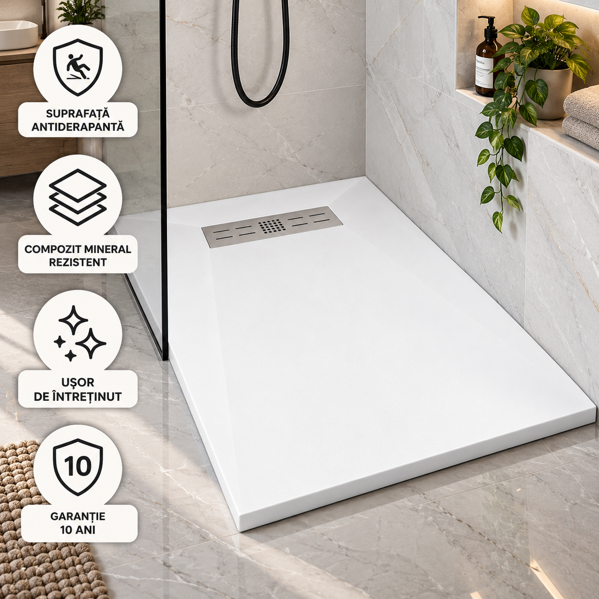 Cadita Dus Alba Antiderapanta din Compozit Mineral cu Sifon si Grila Inox Incluse