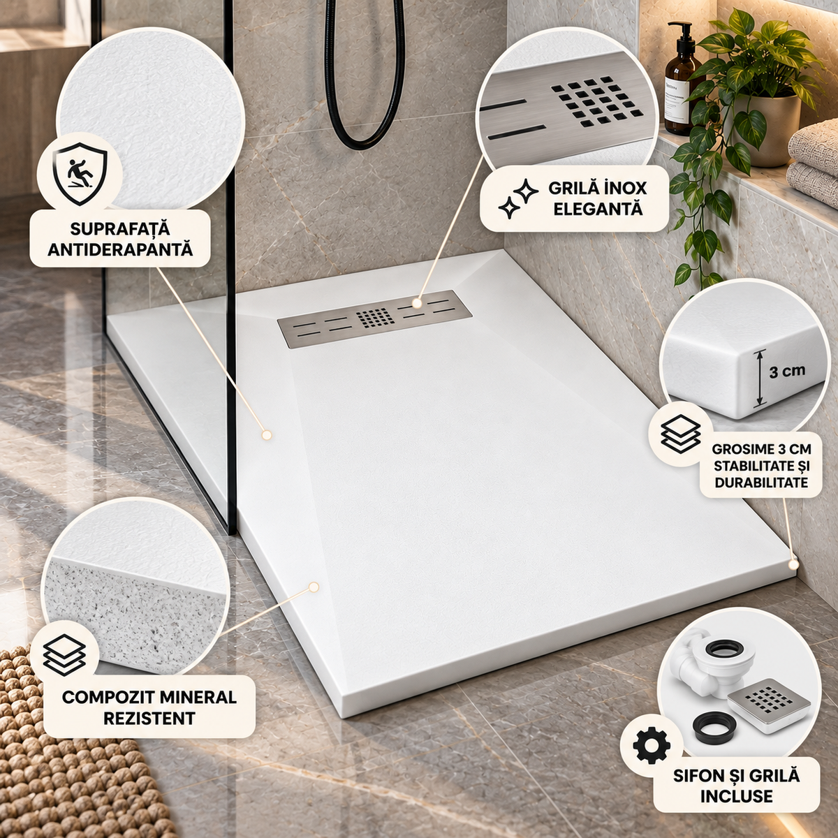 Cadita Dus Alba Antiderapanta din Compozit Mineral cu Sifon si Grila Inox Incluse