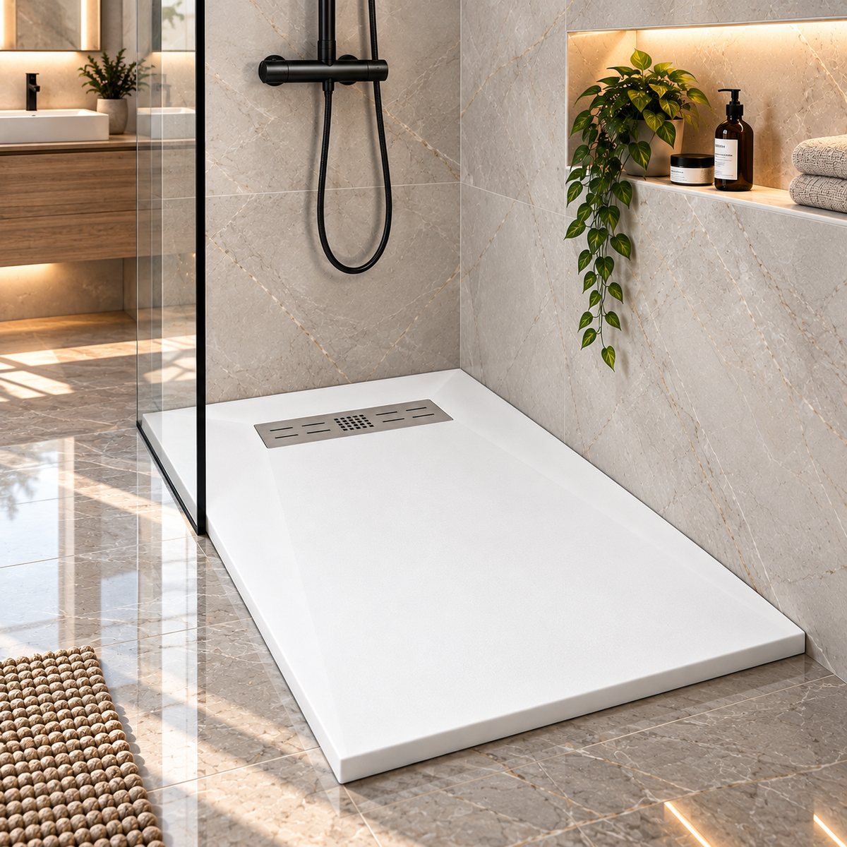 Cadita Dus Alba Antiderapanta din Compozit Mineral cu Sifon si Grila Inox Incluse