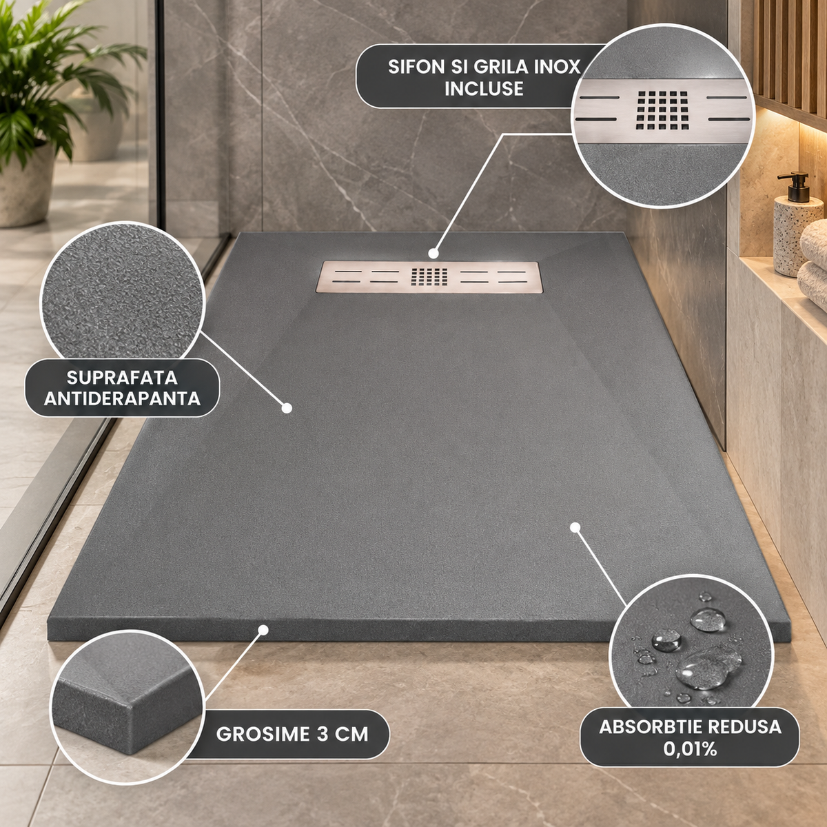 Cadita Dus Gri Antiderapanta din Compozit Mineral cu Sifon si Grila Inox Incluse