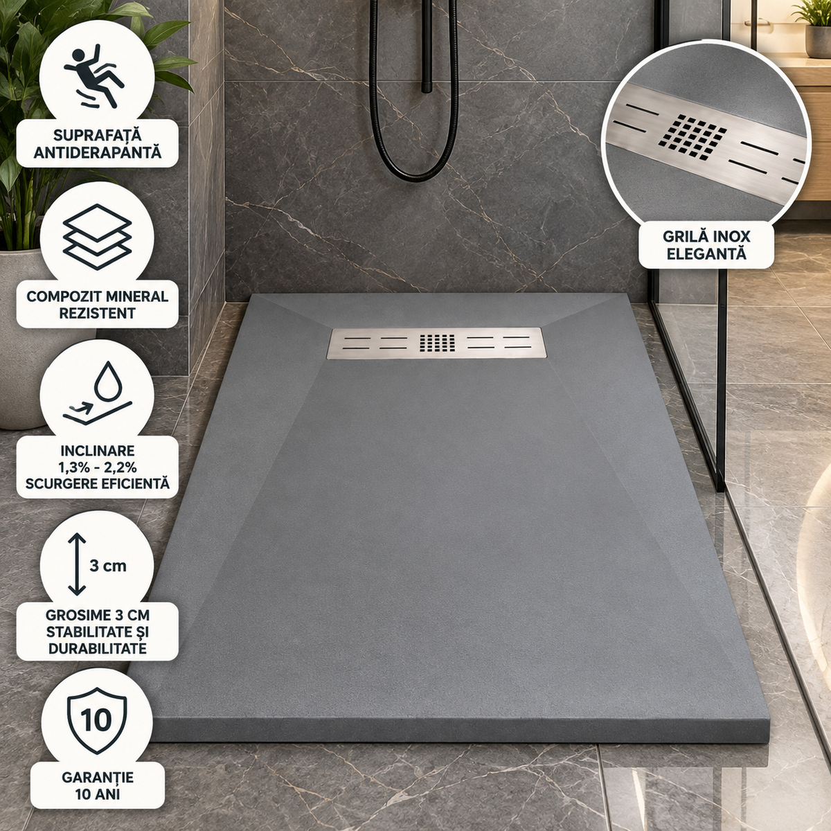 Cadita Dus Gri Antiderapanta din Compozit Mineral cu Sifon si Grila Inox Incluse