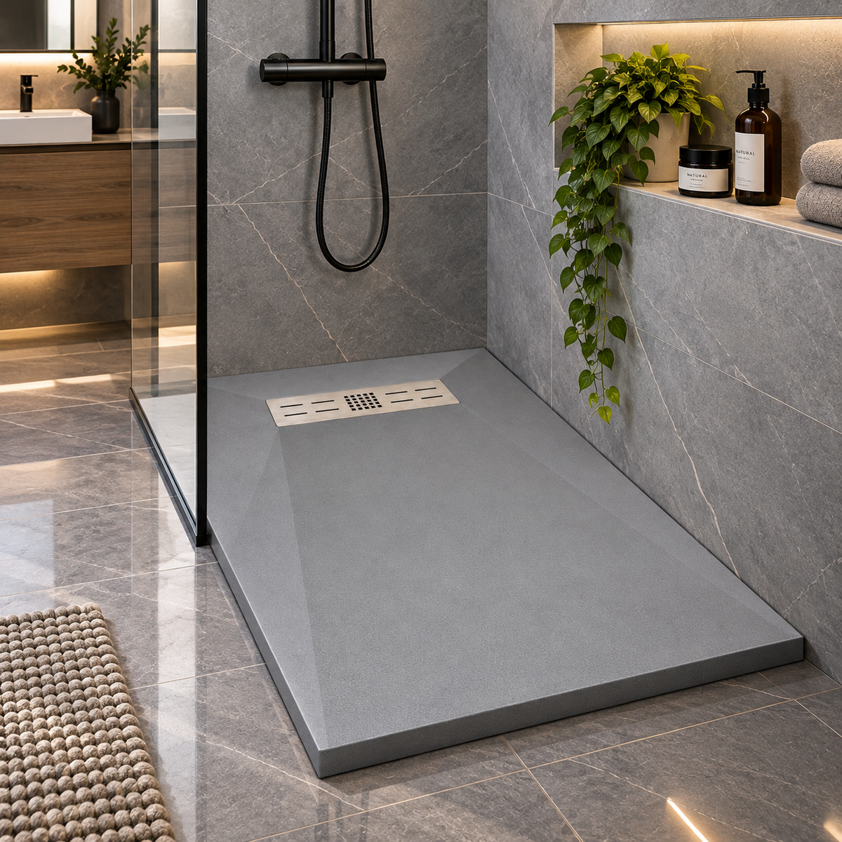Cadita Dus Gri Antiderapanta din Compozit Mineral cu Sifon si Grila Inox Incluse