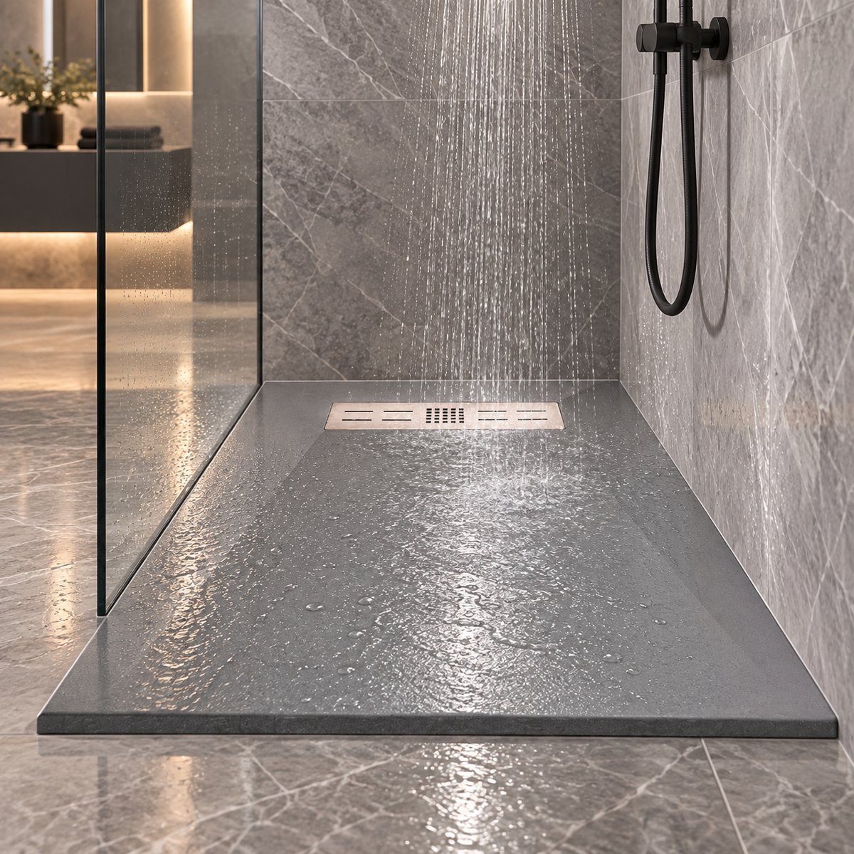 Cadita Dus Gri Antiderapanta din Compozit Mineral cu Sifon si Grila Inox Incluse