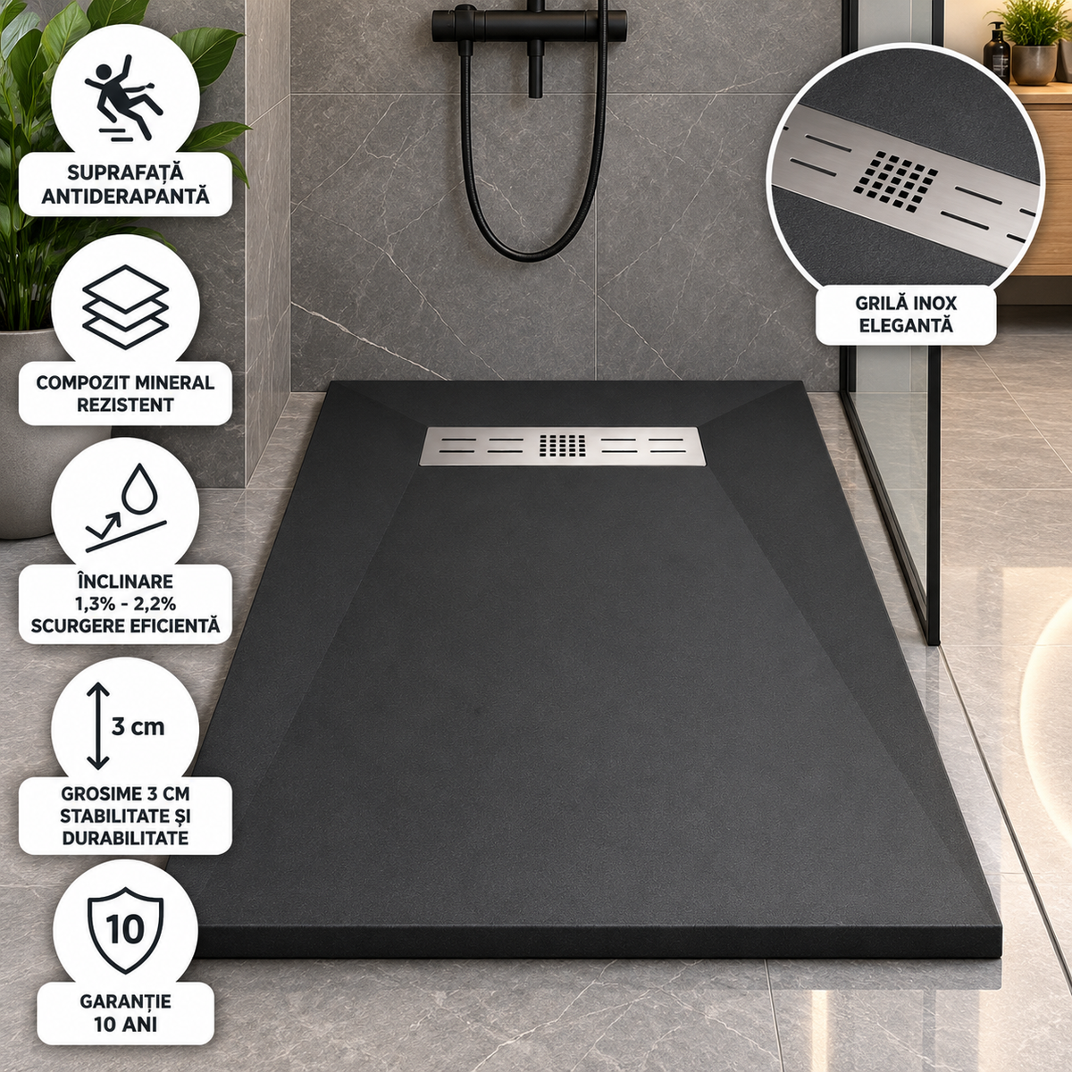 Cadita Dus Antracit Antiderapanta din Compozit Mineral cu Sifon si Grila Inox Incluse