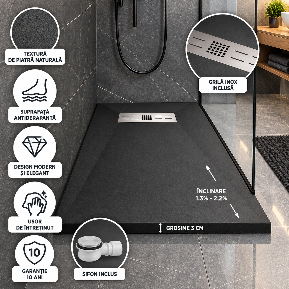 Cadita Dus Antracit Antiderapanta din Compozit Mineral cu Sifon si Grila Inox Incluse