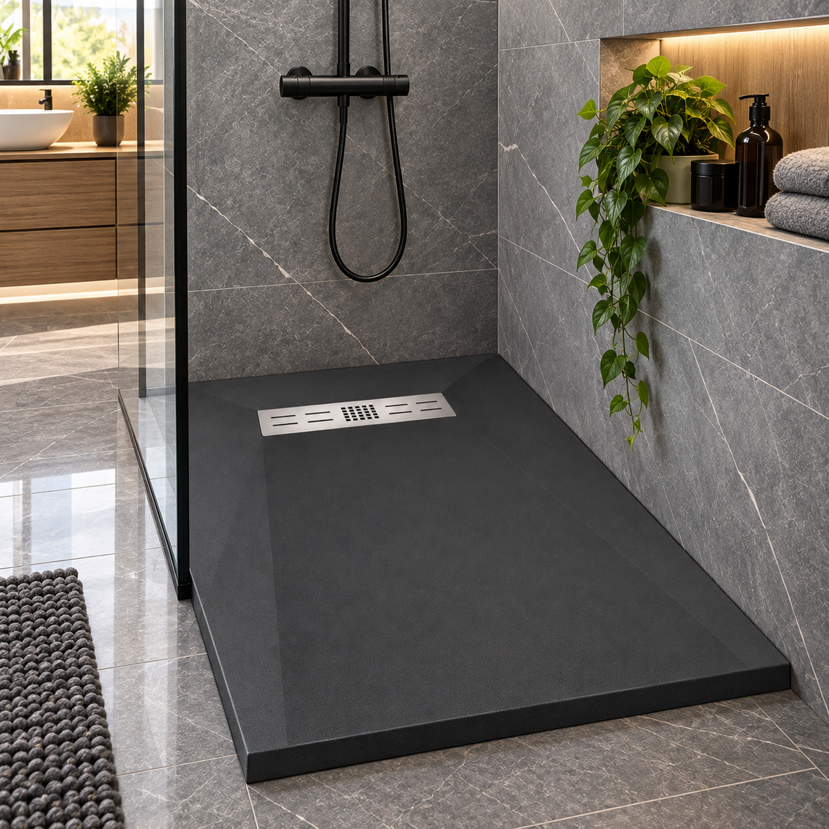 Cadita Dus Antracit Antiderapanta din Compozit Mineral cu Sifon si Grila Inox Incluse