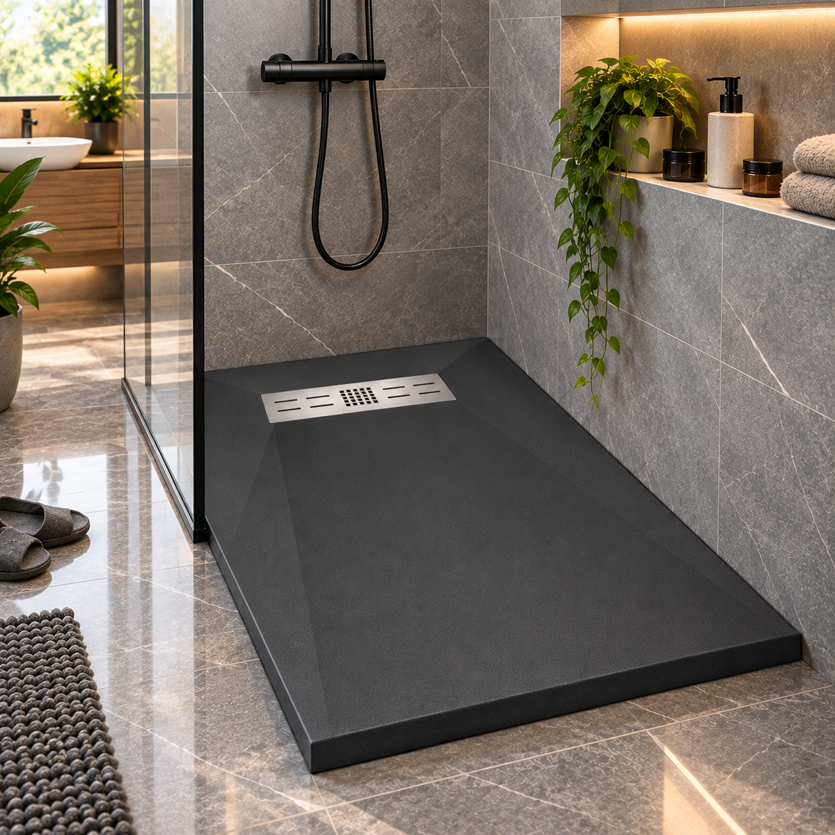 Cadita Dus Antracit Antiderapanta din Compozit Mineral cu Sifon si Grila Inox Incluse