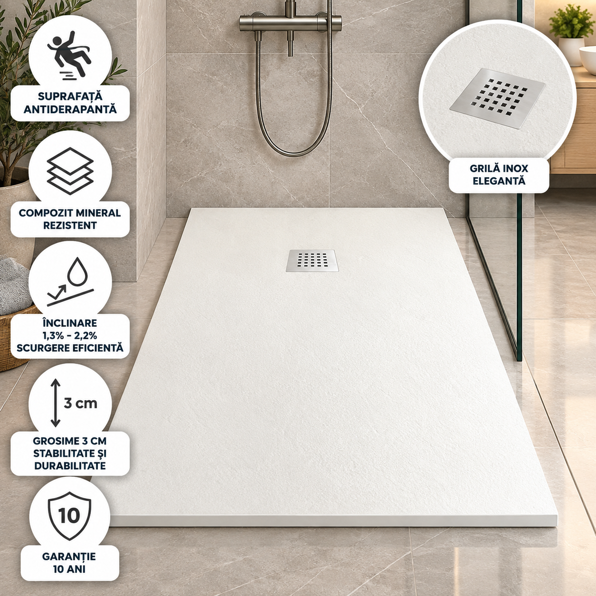Cadita Dus Alba Antiderapanta din Compozit Mineral, Dimensiuni Variate
