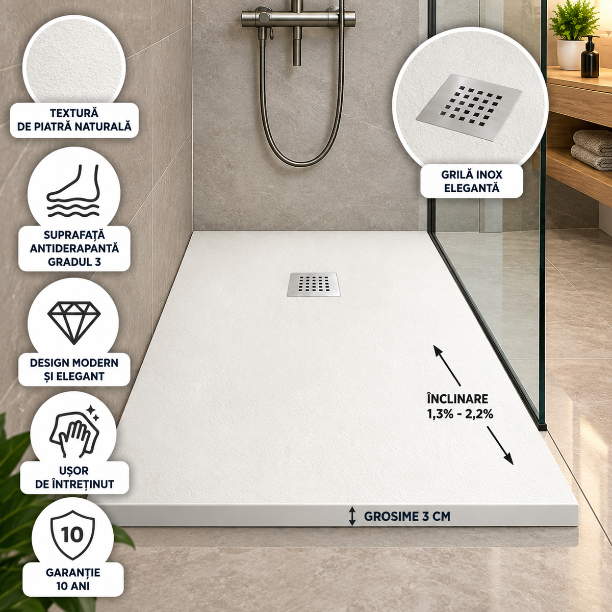 Cadita Dus Alba Antiderapanta din Compozit Mineral, Dimensiuni Variate