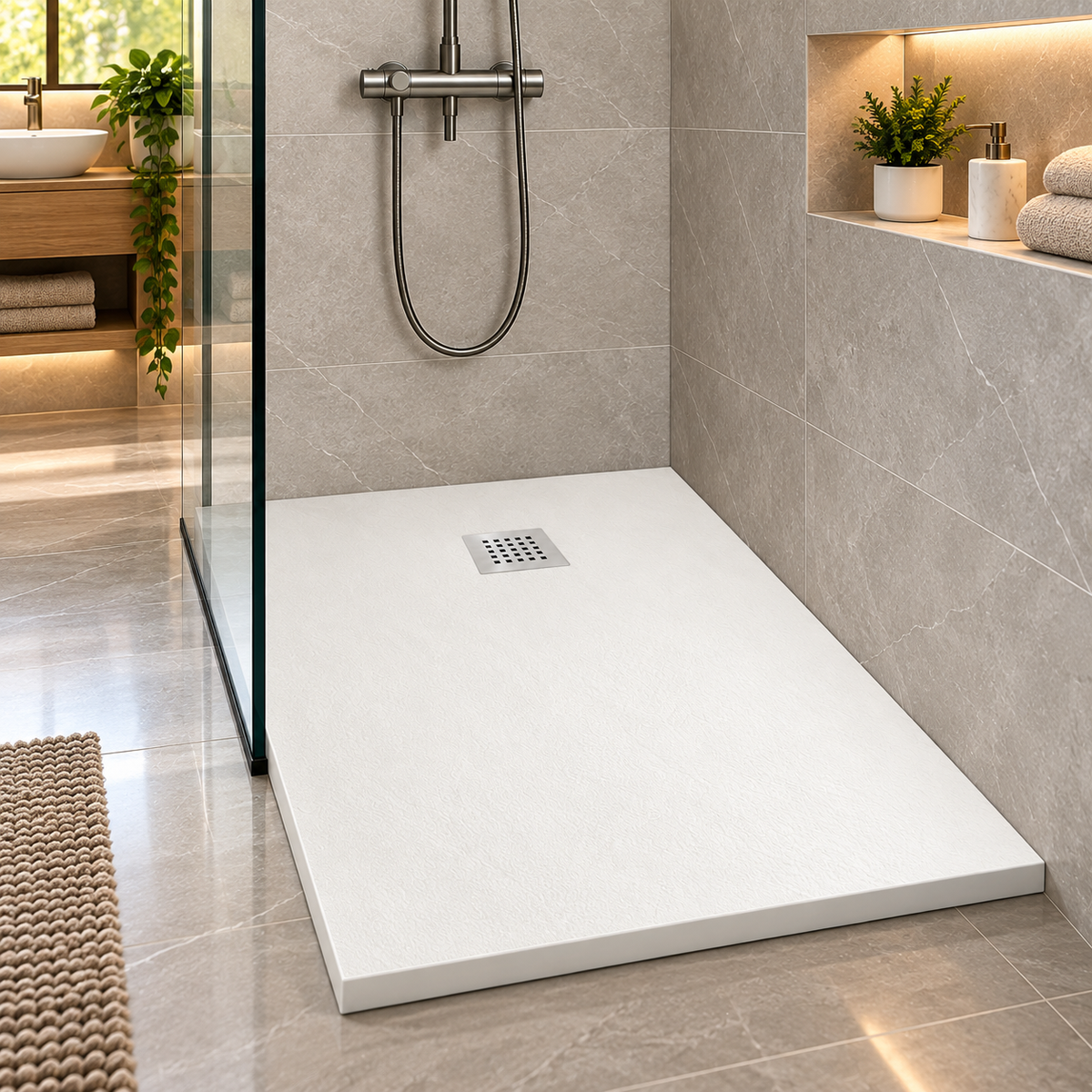 Cadita Dus Alba Antiderapanta din Compozit Mineral, Dimensiuni Variate