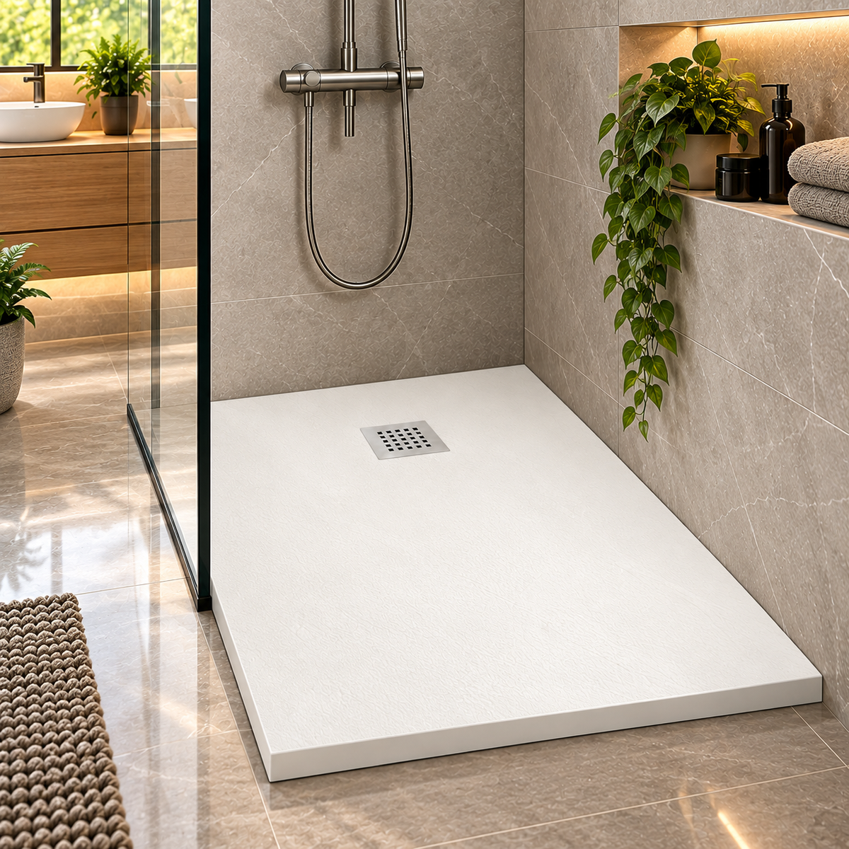 Cadita Dus Alba Antiderapanta din Compozit Mineral, Dimensiuni Variate