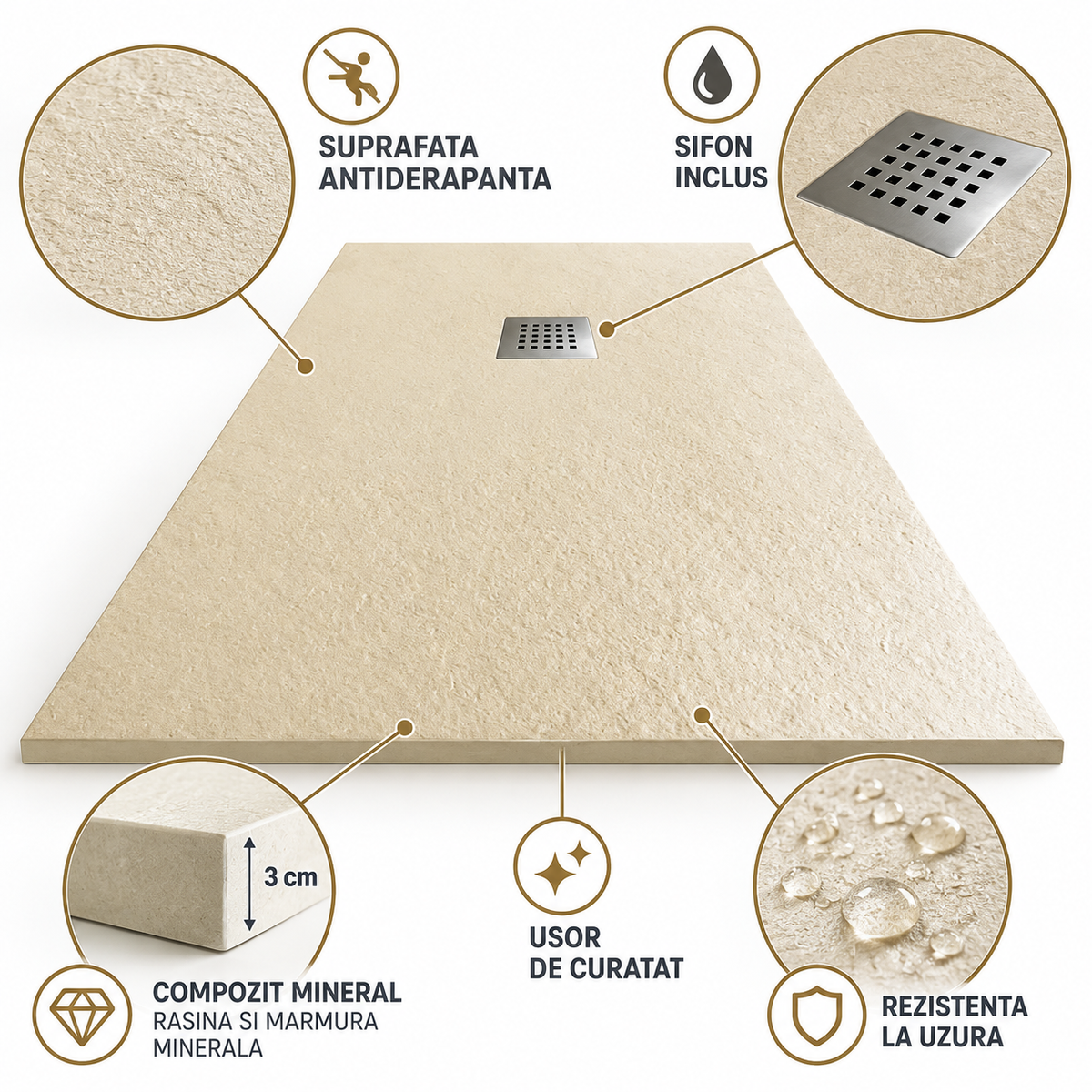 Cadita Dus Crem din Compozit Mineral Antiderapanta cu Sifon Inclus