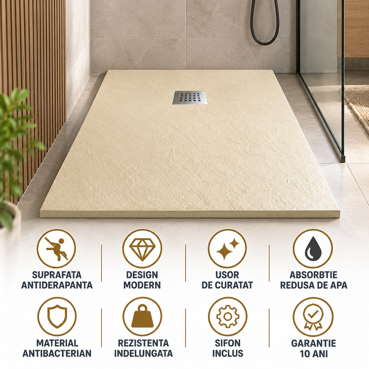 Cadita Dus Crem din Compozit Mineral Antiderapanta cu Sifon Inclus