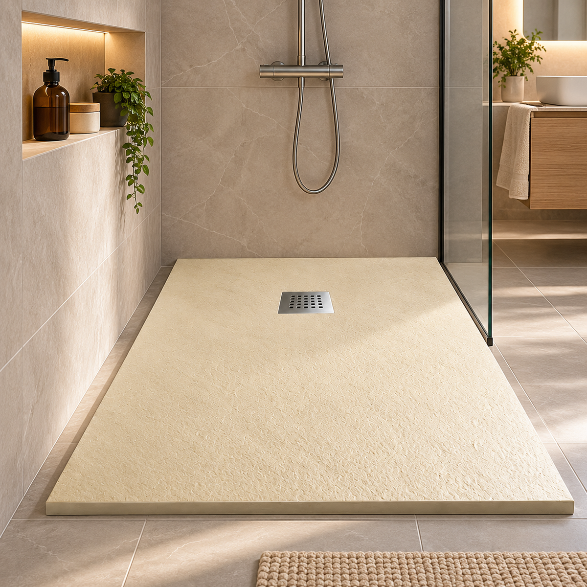 Cadita Dus Crem din Compozit Mineral Antiderapanta cu Sifon Inclus