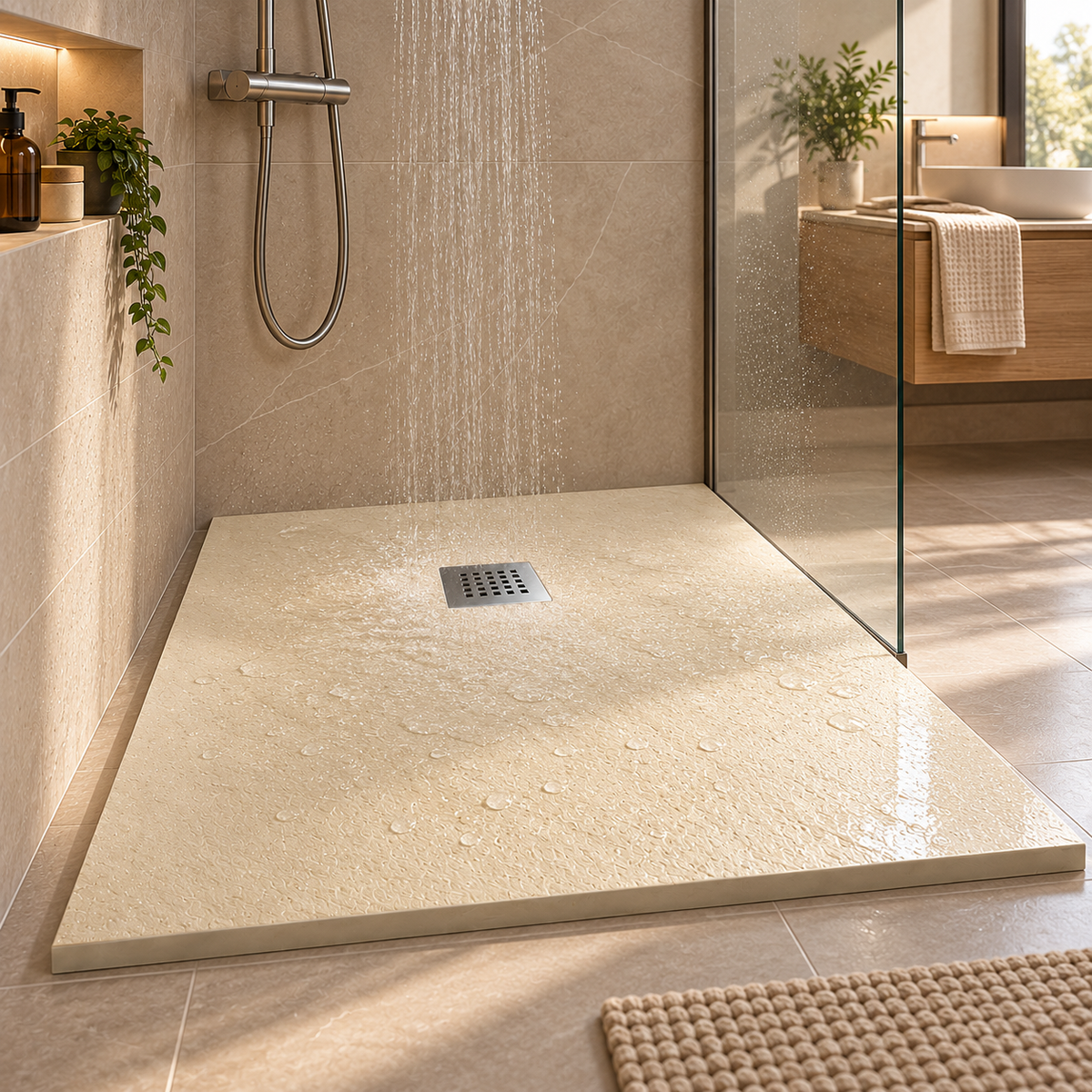 Cadita Dus Crem din Compozit Mineral Antiderapanta cu Sifon Inclus