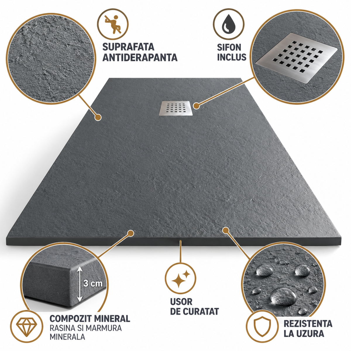 Cadita Dus Gri din Compozit Mineral Antiderapanta cu Sifon Inclus